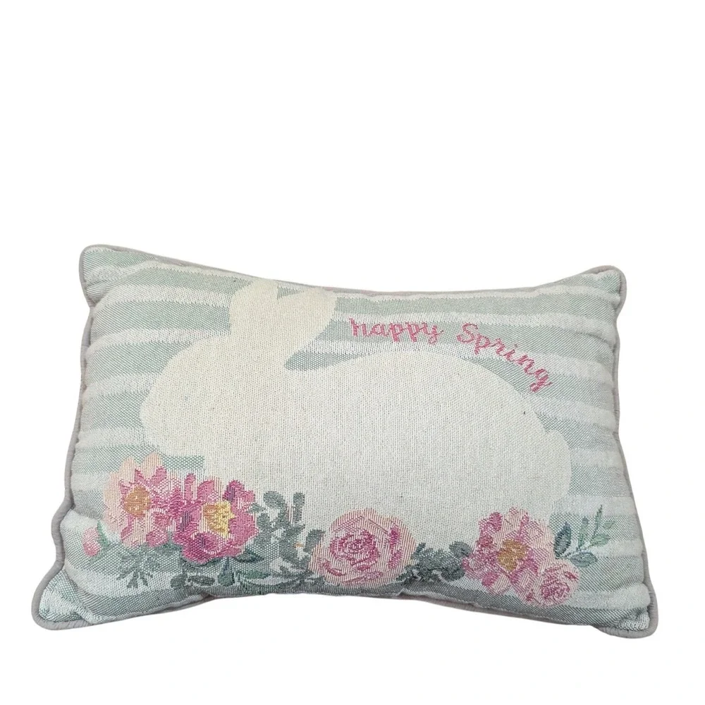 Happy Spring Bunny Floral Striped Lumbar Throw Pillow Blue‎ Pink 12x8